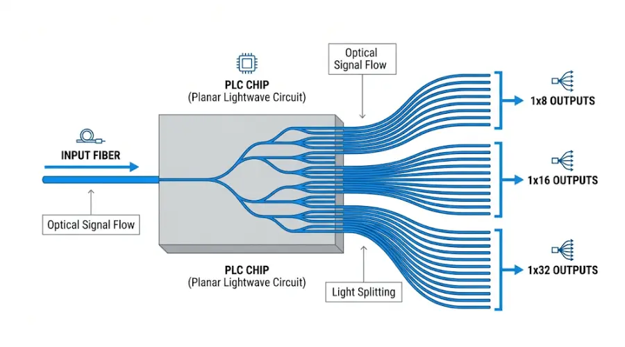 A clean technical diagram of how a PLC splitter works, showing one input optical fiber entering a planar lightwave circuit chip and splitting into multiple output fibers such as 1x8, 1x16, and 1x32, labeled signal flow arrows, minimal white background, blue and gray technical style, professional telecom infographic, high clarity, landscape