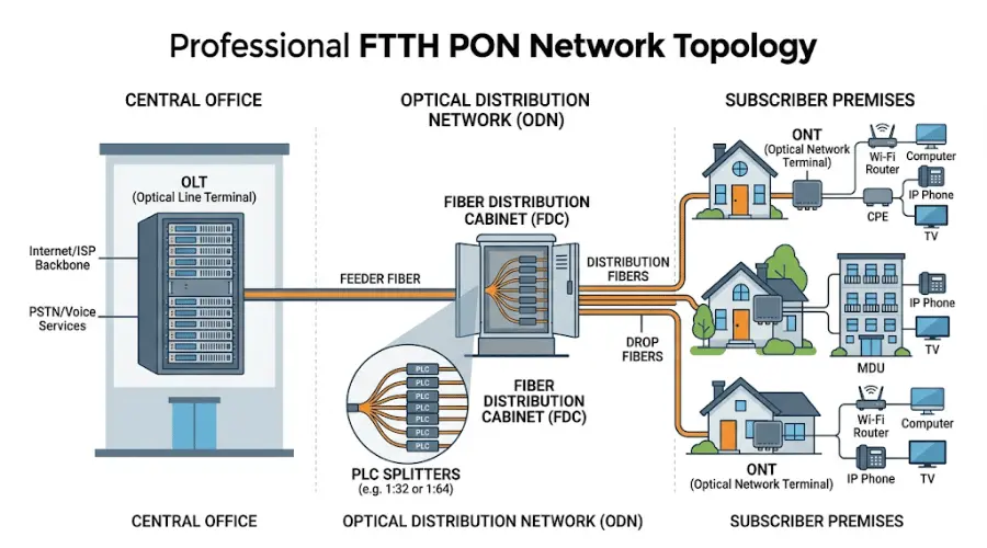 PLC splitter deployment in FTTH PON network between OLT and multiple ONT endpoints