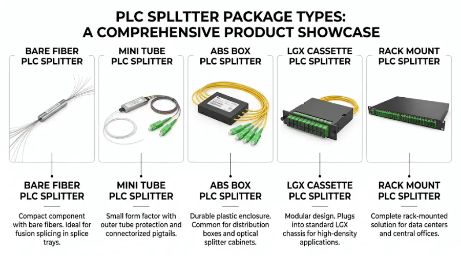 Common PLC splitter package types including bare fiber, ABS box, LGX cassette, and rack mount