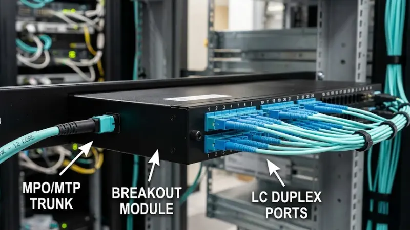 MPO breakout module converting an MPO trunk into LC duplex ports in a rack patch panel