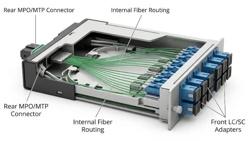 Internal structure of an MPO breakout module showing MPO connector, fiber routing, and LC adapters Internal structure of an MPO breakout module showing MPO connector, fiber routing, and LC adapters