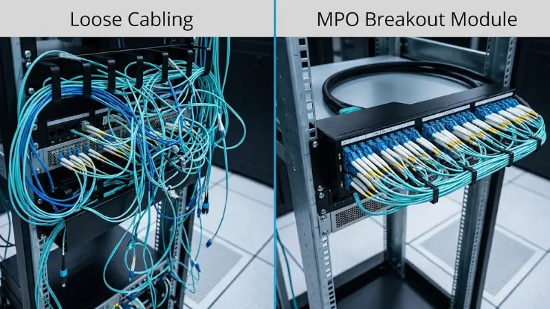 Cable congestion comparison between loose fiber cabling and an MPO breakout module in a data center rack