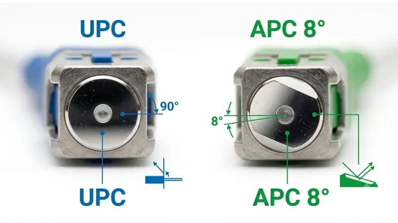 UPC and APC fiber connector end face comparison showing straight and angled polish