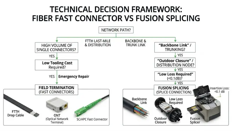 Decision framework for choosing fiber optic fast connector or fusion splicing
