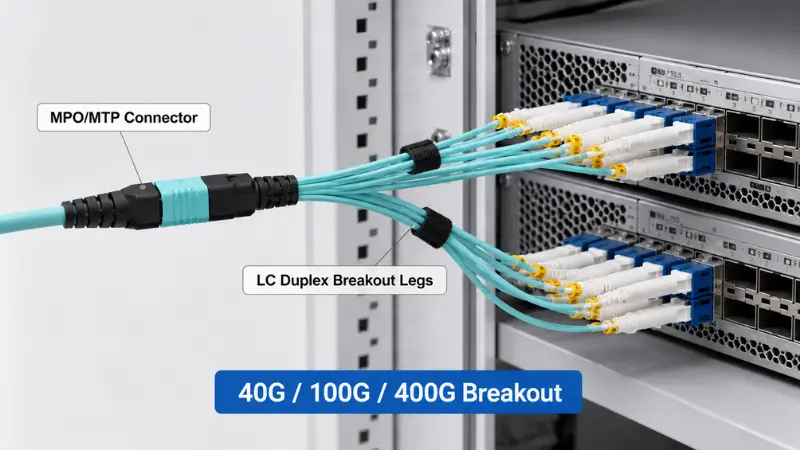MPO breakout cable with MPO connector splitting into LC duplex breakout legs in a data center rack MPO breakout cable with MPO connector splitting into LC duplex breakout legs in a data center rack