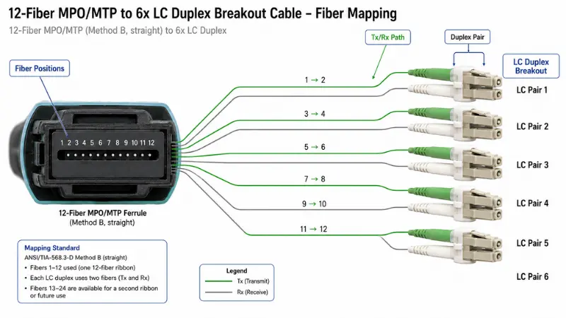 Fiber mapping diagram showing MPO fiber positions breaking out into LC duplex pairs Fiber mapping diagram showing MPO fiber positions breaking out into LC duplex pairs