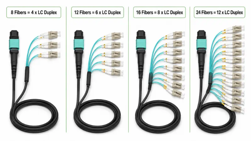 Comparison of 8 fiber, 12 fiber, 16 fiber and 24 fiber MPO breakout cable configurations Comparison of 8 fiber, 12 fiber, 16 fiber and 24 fiber MPO breakout cable configurations