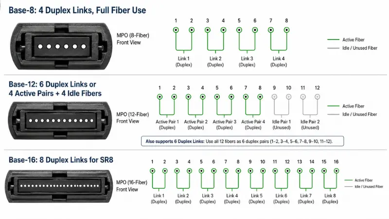 Base-8, Base-12 and Base-16 MPO breakout cable comparison with active and idle fiber lanes Base-8, Base-12 and Base-16 MPO breakout cable comparison with active and idle fiber lanes