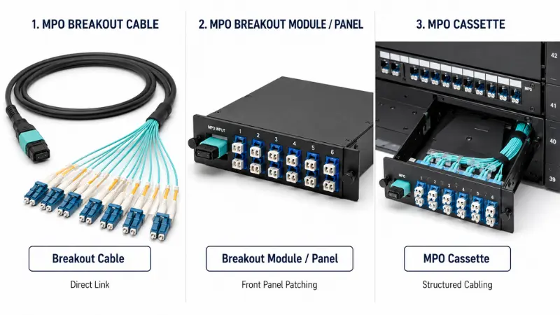 MPO breakout cable application diagram for 40G to 4x10G, 100G to 4x25G and 400G breakout MPO breakout cable application diagram for 40G to 4x10G, 100G to 4x25G and 400G breakout